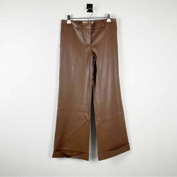 Aya Muse Charlie Low Rise Wide Leg Faux Vegan Leather Pants Brown Casual Party - Picture 3 of 8